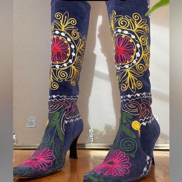 TURKISH 60s NAVY BOHO  western🪬 heeled embroidered BOOTS - Picture 6 of 7